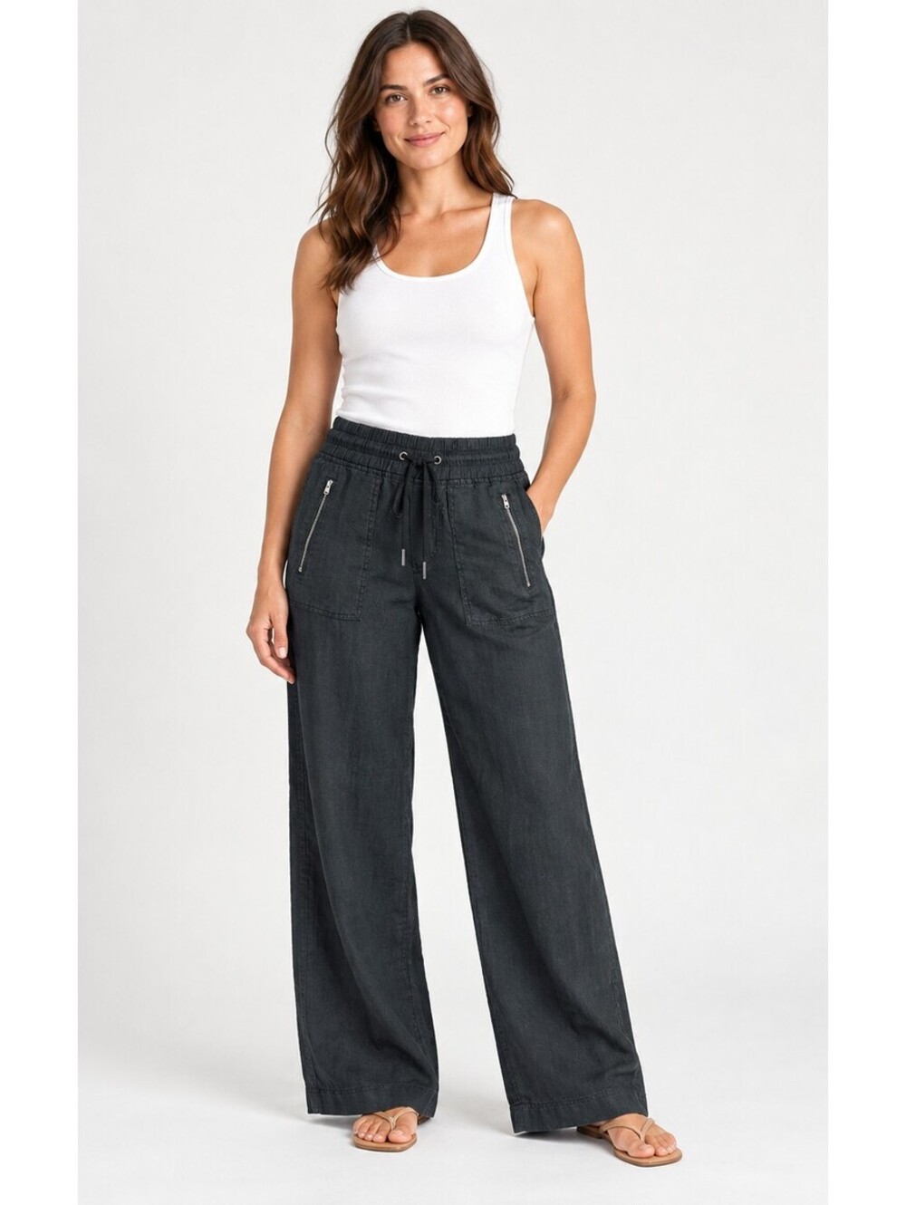 Athleta Womens 4 Black Cabo Linen Wide Leg Pants Casual Summer Beach Resort
